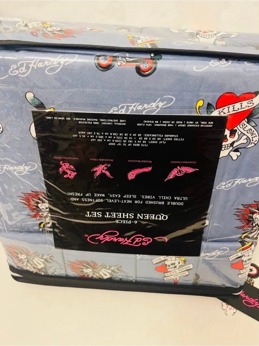 Ed Hardy Blue 6 Piece Queen Size Sheet Set Motorcycles Skulls Love Kills Slowly